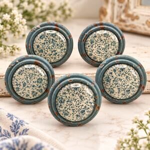 Set of 5 Turquoise Floral Cabinet Knobs Cast Iron Distressed French Country
